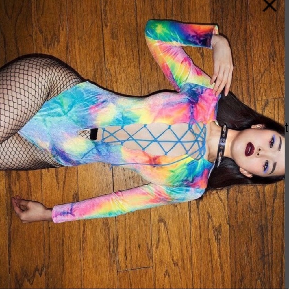 J Valentine Dolls Kill synesthesia festival rave tie dye velvet bodysuit